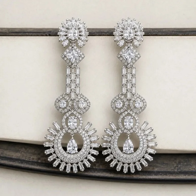 Rhodium plated CZ geometric chandelier earrings
