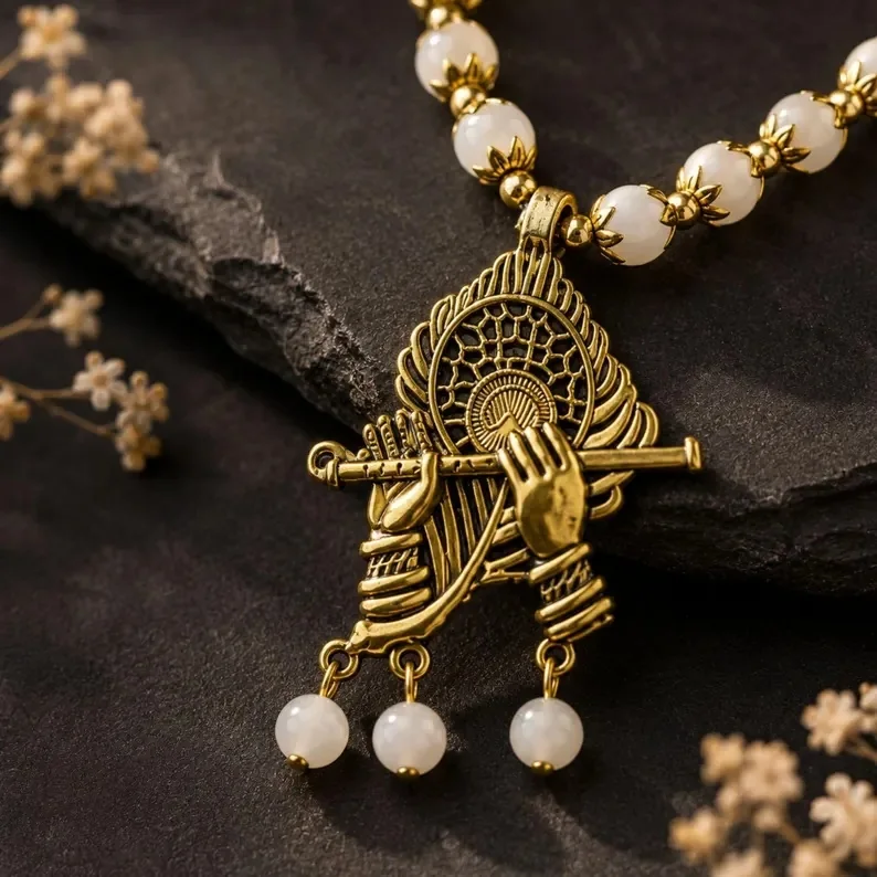 Krishna flute pearl-beaded temple pendant